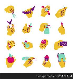 Hands with objects. minimalistic hands with stationery supplies and smart devices, graphic design collection with cartoon hands. Vector set image collection illustrations human hand. Hands with objects. minimalistic hands with stationery supplies and smart devices, graphic design collection with cartoon hands. Vector set