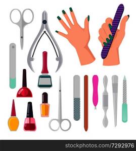 Hands with painted fingernails and manicure instruments, nail polish and file, scissors and tools, vector illustration isolated on white background. Hands and Manicure Instruments Vector Illustration