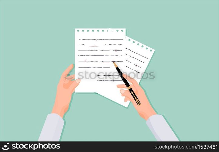 Hands with pen correct errors in text. Verification and reference of grammar on pieces paper proofreading documentation studying correctness of calligraphy vector spelling.. Hands with pen correct errors in text. Verification and reference of grammar on pieces paper.