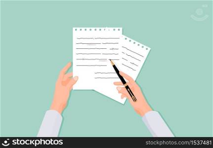 Hands with pen correct errors in text. Verification and reference of grammar on pieces paper proofreading documentation studying correctness of calligraphy vector spelling.. Hands with pen correct errors in text. Verification and reference of grammar on pieces paper.