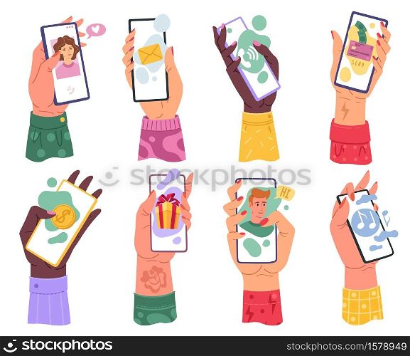Hands with phones. Millennials woman hand holding smartphone with email application internet music player and online dating, banking mobile app modern devices flat cartoon vector bright isolated set. Hands with phones. Millennials woman hand holding smartphone with email application internet music player and online dating, banking mobile app modern devices cartoon vector bright set