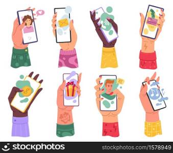 Hands with phones. Millennials woman hand holding smartphone with email application internet music player and online dating, banking mobile app modern devices flat cartoon vector bright isolated set. Hands with phones. Millennials woman hand holding smartphone with email application internet music player and online dating, banking mobile app modern devices cartoon vector bright set