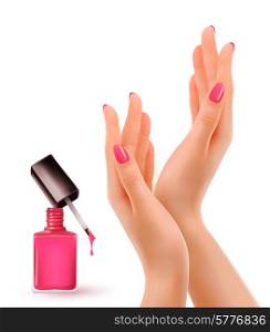 Hands with pink polished nails. Nail polish bottle. Vector.