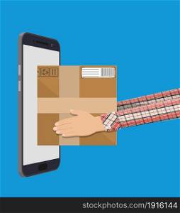 Hands with postal cardboard box and smartphone. Express delivery box design. Vector illustration in flat style. Hands with postal cardboard box and smartphone.