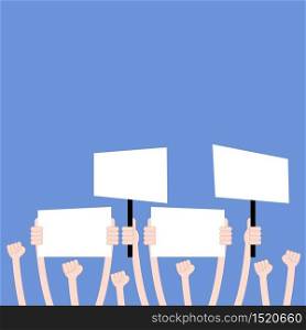 Hands with protests placards. People holding political banners, activists with strike manifestation signs. Human right vector concept.Vector illustration.