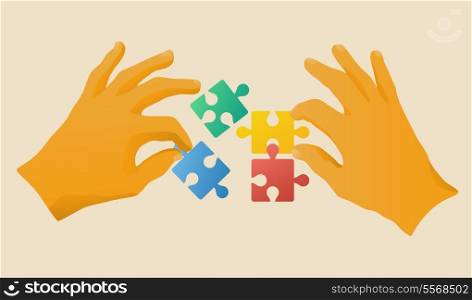 Hands with puzzle pieces, vector illustration of collaboration
