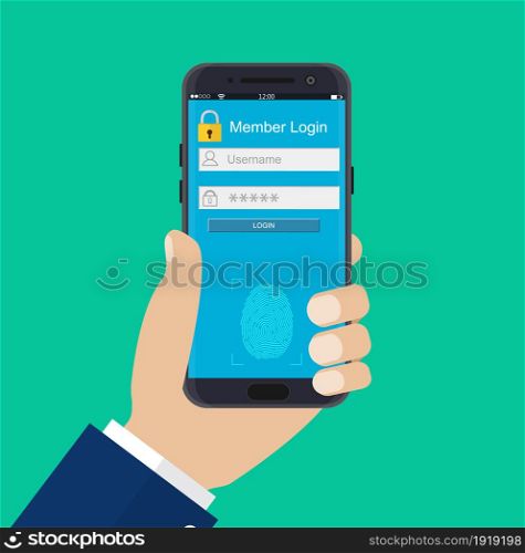 Hands with smartphone unlocked by fingerprint sensor. Mobile phone security, personal access via finger, authorization, network protection. Vector illustration flat. Hands with smartphone unlocked