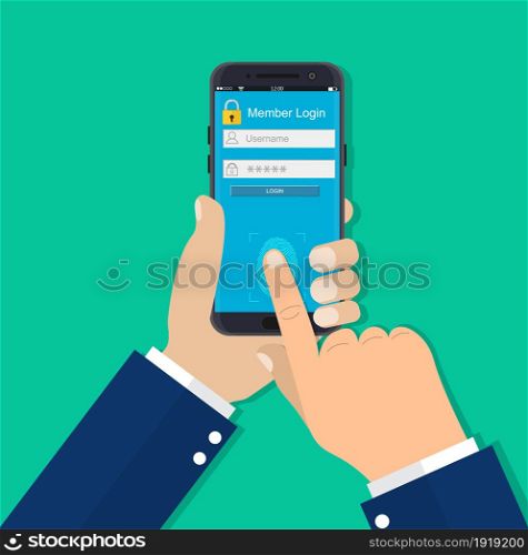 Hands with smartphone unlocked by fingerprint sensor. Mobile phone security, personal access via finger, authorization, network protection. Vector illustration flat. Hands with smartphone unlocked
