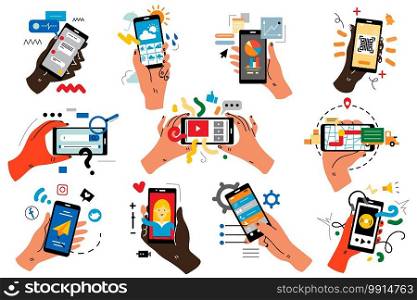 Hands with smartphones doodle set. Human palms holding mobile phones with colour touchscreen images application. Communication social media networking vector illustration for web sites banner design.. Hands with smartphones doodle set
