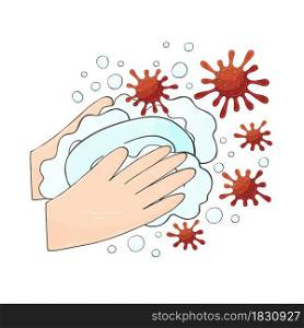Hands with soapy foam. Soap kills coronavirus. Vector illustration hand drawing design on white background. Coronavirus protection. Coronavirus. Vector illustration of the problem of coronavirus