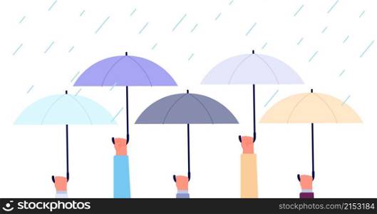 Hands with umbrellas. Rain storm, flood in city. Business safety or insurance metaphor. Life protection, autumn rainy weather utter vector banner. Illustration of umbrella under rain. Hands with umbrellas. Rain storm, flood in city. Business safety or insurance metaphor. Life protection, autumn rainy weather utter vector banner
