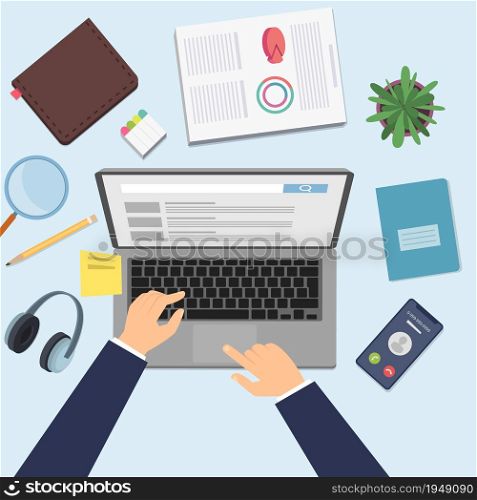 Hands working on laptop. Businessman at work, top view office desk with computer, stationery phone vector illustration. Workspace and workplace, office top typing man. Hands working on laptop. Businessman at work, top view office desk with computer, stationery phone vector illustration