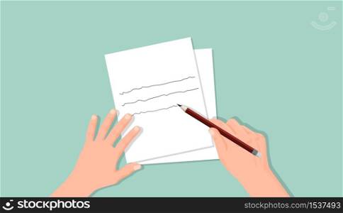 Hands write letter. Writing and correcting text checking spelling and errors message to an old friend creating correspondent notes about incident symbol for transmitting vector knowledge.. Hands write letter. Writing and correcting text checking spelling and errors message.