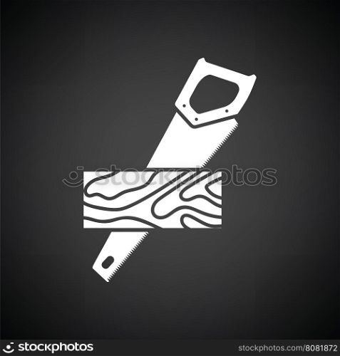 Handsaw cutting a plank icon. Black background with white. Vector illustration.