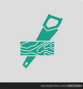 Handsaw cutting a plank icon. Gray background with green. Vector illustration.