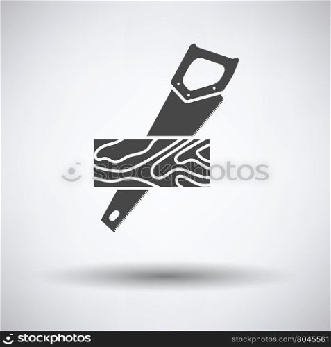 Handsaw cutting a plank icon on gray background, round shadow. Vector illustration.