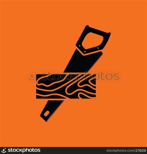 Handsaw cutting a plank icon. Orange background with black. Vector illustration.