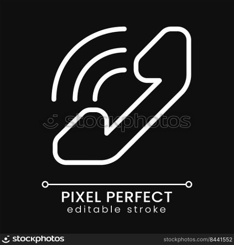 Handset pixel perfect white linear icon for dark theme. Phone calls. Informational center. Business support. Thin line illustration. Isolated symbol for night mode. Editable stroke. Poppins font used. Handset pixel perfect white linear icon for dark theme