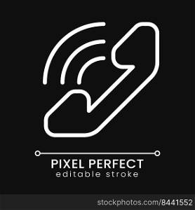 Handset pixel perfect white linear icon for dark theme. Phone calls. Informational center. Business support. Thin line illustration. Isolated symbol for night mode. Editable stroke. Poppins font used. Handset pixel perfect white linear icon for dark theme