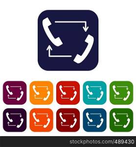 Handsets with arrows icons set vector illustration in flat style in colors red, blue, green, and other. Handsets with arrows icons set