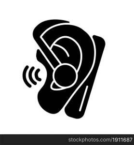 Handsfree headset black glyph icon. Wireless earpiece for business conversations. Connected to smartphone. Calling while driving. Silhouette symbol on white space. Vector isolated illustration. Handsfree headset black glyph icon