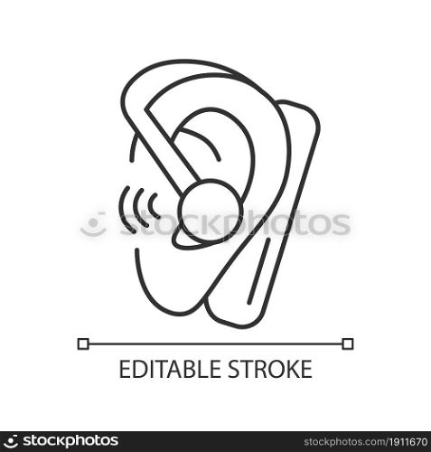 Handsfree headset linear icon. Wireless earpiece for conversations. Connected to smartphone. Thin line customizable illustration. Contour symbol. Vector isolated outline drawing. Editable stroke. Handsfree headset linear icon