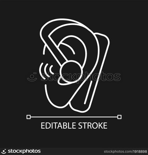 Handsfree headset white linear icon for dark theme. Connected to smartphone. Calling while driving. Thin line customizable illustration. Isolated vector contour symbol for night mode. Editable stroke. Handsfree headset white linear icon for dark theme