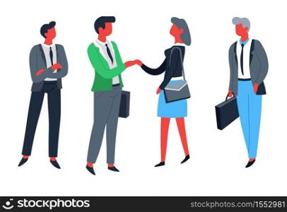 Handshake and dealing businessmen and businesswomen workers and employees isolated characters vector enterprise staff office workers in suits and ties with briefcases cooperation and contract signing. Businessmen and businesswomen workers and employees handshake and dealing