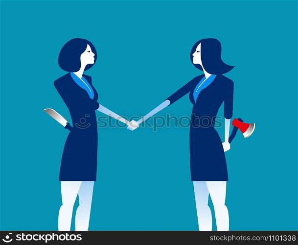 Handshake and weapons. Business partnership with rivalry and distrust. Concept business vector illustration.