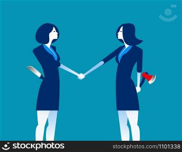 Handshake and weapons. Business partnership with rivalry and distrust. Concept business vector illustration.