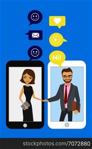 Handshake between business people. Mobile technology and chatting.Cartoon Vector illustration.. Handshake between business people. Mobile technology and chattin