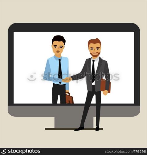 Handshake between businessmen through the screen. Vector illustration.. Handshake between businessmen.