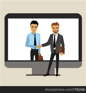 Handshake between businessmen through the screen. Vector illustration.. Handshake between businessmen.