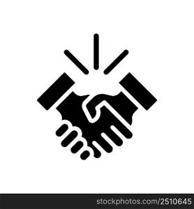Handshake black glyph icon. Business etiquette. Shaking hands. Deal making. Verbal contract. Company meeting. Silhouette symbol on white space. Solid pictogram. Vector isolated illustration. Handshake black glyph icon