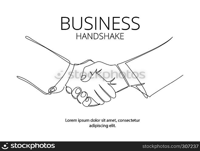 Handshake continuous line vector drawing. Business agreement vector concept. Handshake cooperation business, success partnership meeting, hand shake deal illustration. Handshake continuous line vector drawing. Business agreement vector concept