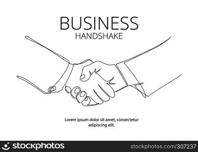 Handshake continuous line vector drawing. Business agreement vector concept. Handshake cooperation business, success partnership meeting, hand shake deal illustration. Handshake continuous line vector drawing. Business agreement vector concept
