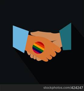 Handshake gay rainbow flat icon with shadow on the background. Handshake gay rainbow flat icon