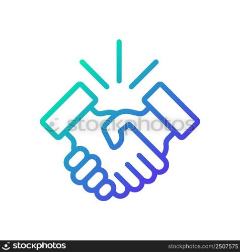 Handshake gradient linear vector icon. Business etiquette. Shaking hands. Deal making. Verbal contract. Company meeting. Thin line color symbol. Modern style pictogram. Vector isolated outline drawing. Handshake gradient linear vector icon