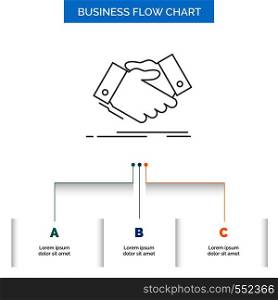 handshake, hand shake, shaking hand, Agreement, business Business Flow Chart Design with 3 Steps. Line Icon For Presentation Background Template Place for text. Vector EPS10 Abstract Template background