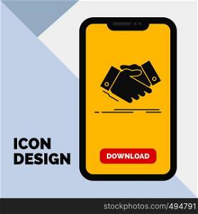 handshake, hand shake, shaking hand, Agreement, business Glyph Icon in Mobile for Download Page. Yellow Background. Vector EPS10 Abstract Template background