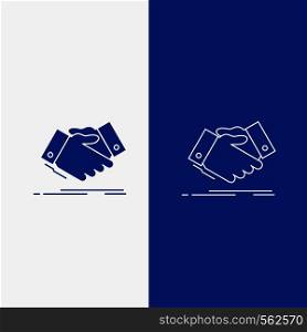 handshake, hand shake, shaking hand, Agreement, business Line and Glyph web Button in Blue color Vertical Banner for UI and UX, website or mobile application. Vector EPS10 Abstract Template background