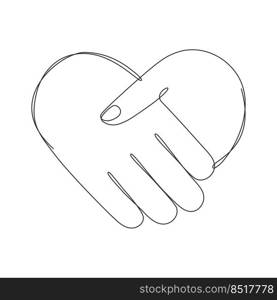 Handshake heart continuous line art drawing. Love linear shaking hands. Business agreement symbol. Vector illustration isolated on white. 