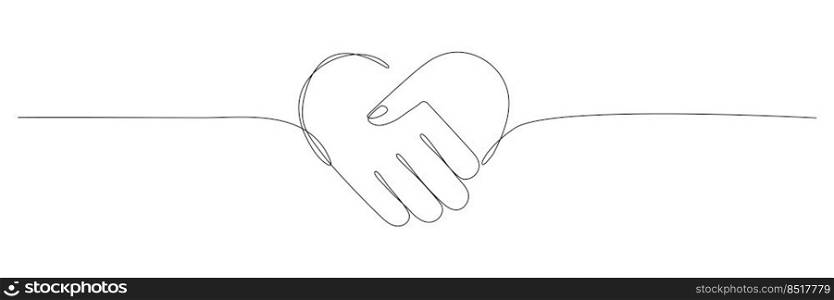 Handshake heart continuous line art drawing. Love linear shaking hands. Business agreement symbol. Vector illustration isolated on white.	