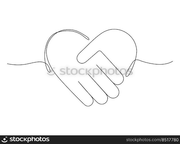 Handshake heart continuous line art drawing. Love linear shaking hands. Business agreement symbol. Vector illustration isolated on white. 