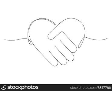 Handshake heart continuous line art drawing. Love linear shaking hands. Business agreement symbol. Vector illustration isolated on white. 