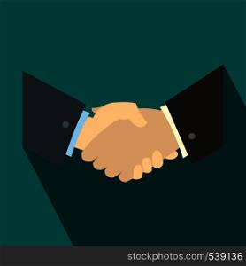 Handshake icon in flat style on green background. Handshake icon, flat style