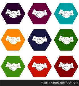 Handshake icon set many color hexahedron isolated on white vector illustration. Handshake icon set color hexahedron