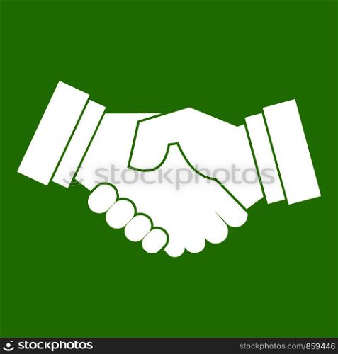 Handshake icon white isolated on green background. Vector illustration. Handshake icon green