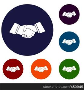 Handshake icons set in flat circle reb, blue and green color for web. Handshake icons set