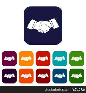 Handshake icons set vector illustration in flat style In colors red, blue, green and other. Handshake icons set